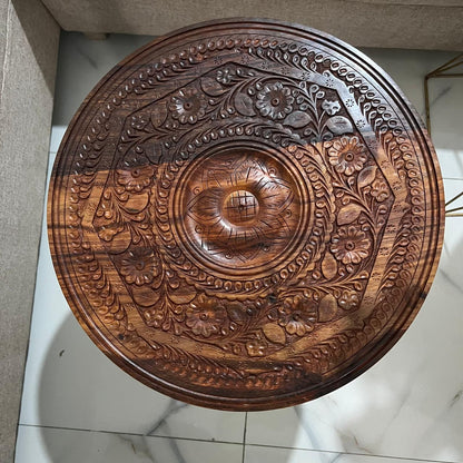 Wooden Coffee Table with Carving Art (18 Inches Top 20 Inches Hieght)  inches