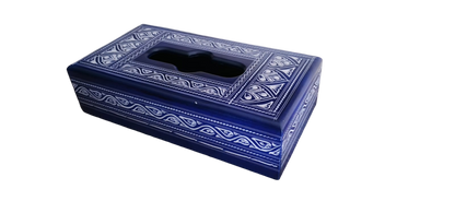 Handcrafted Wooden Tissue Box – Naqshi Art – Blue and White Potry – 6x11 inch