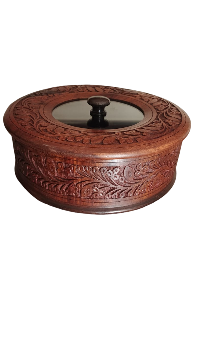 “Royal Sheesham Hotpot Carving Work  With Glass Lid– The Wooden Store Edition”