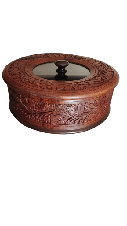 “Royal Sheesham Hotpot Carving Work  With Glass Lid– The Wooden Store Edition”