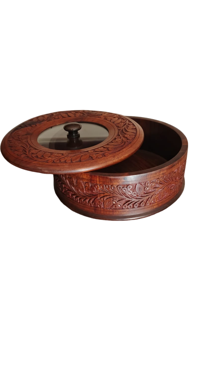 “Royal Sheesham Hotpot Carving Work  With Glass Lid– The Wooden Store Edition”
