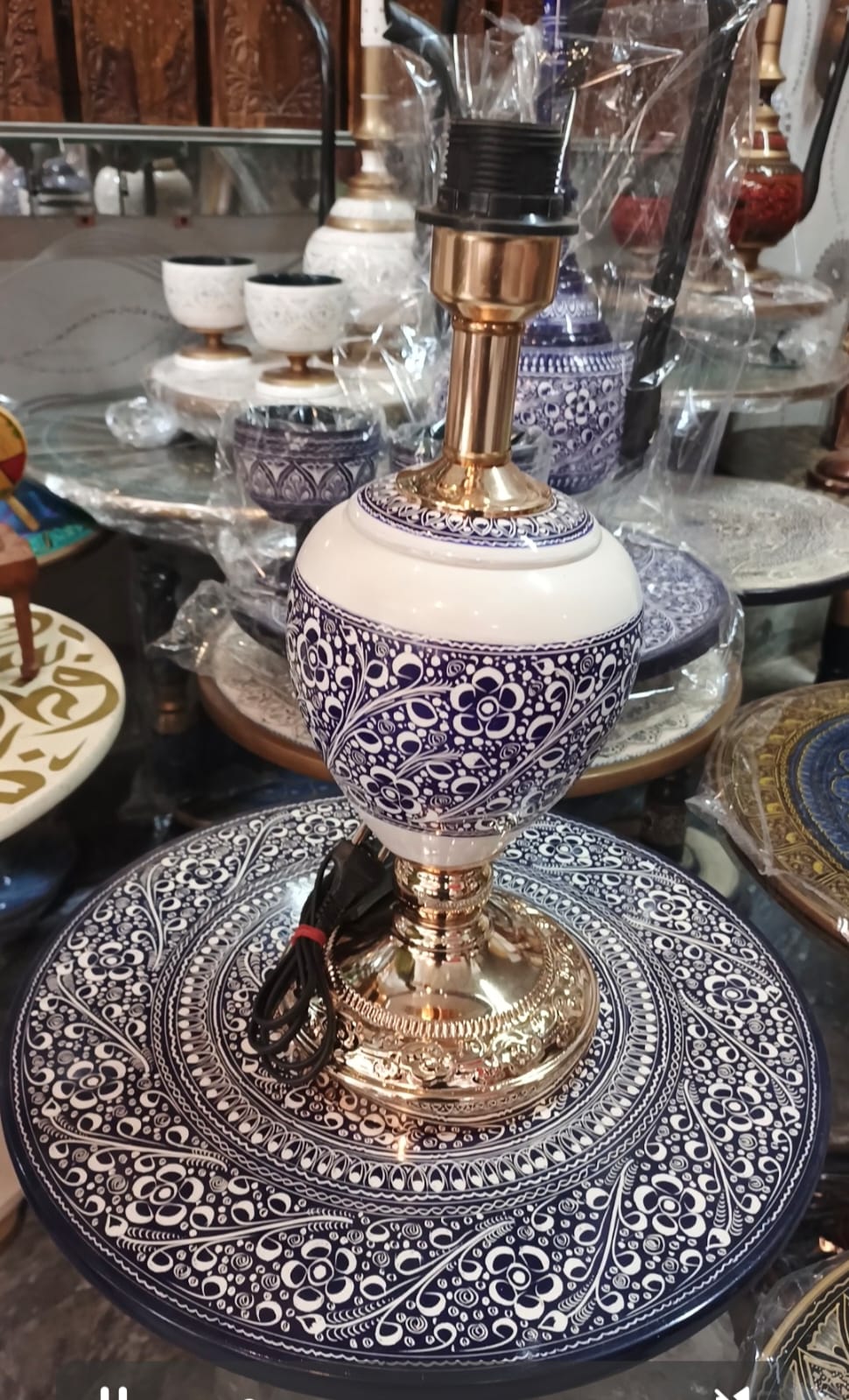 Wooden Table & Lamp Naqshi Art Work Blue Potry( Table Size 18 Inches)