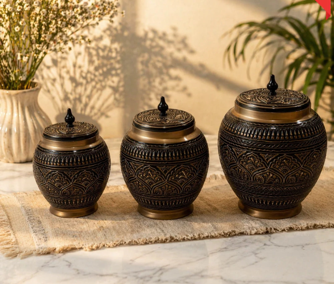 Wooden Candy Jars Set of 3 With Art Work( 4.5.6 Belly size) inches Height 6,8,10 Inches