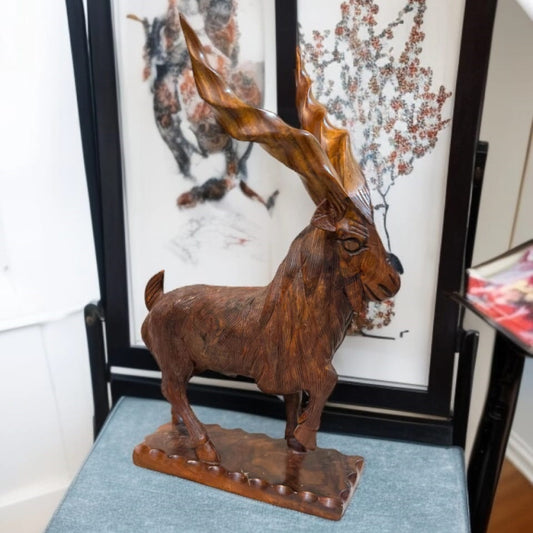Handcrafted Wooden Markhor Sculpture