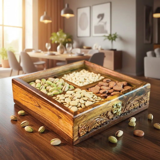 4 Portion Dry Fruit & Spice Box with Spoon & Non-Breakable Glass Lid