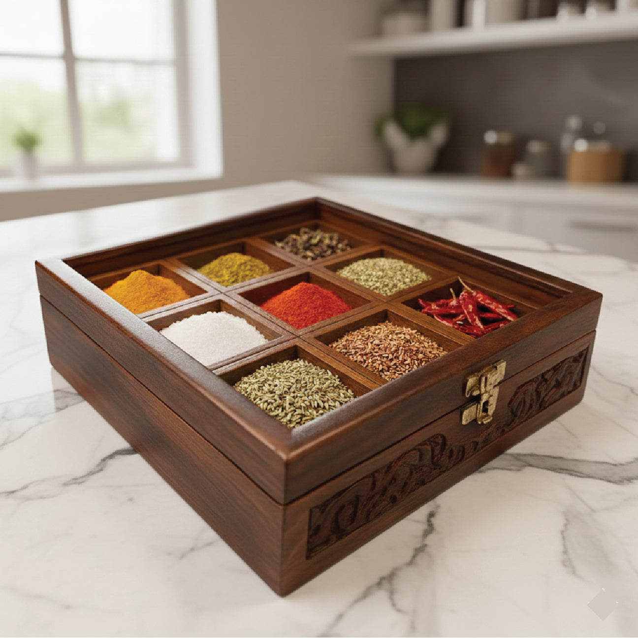 9 Portion Wooden Carving Box with Spoon