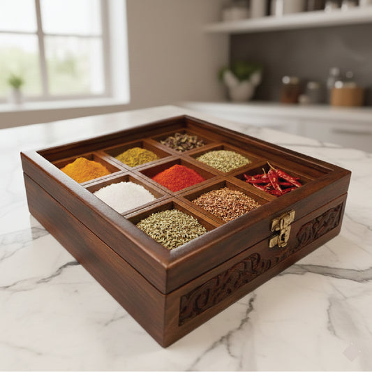 9 Portion Wooden Carving Box with Spoon