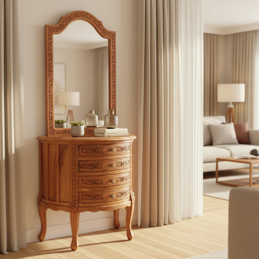 The Royal Carved Vanity: Solid Sheesham Wood Dressing Console with Brass Inlay(Without Mirror)