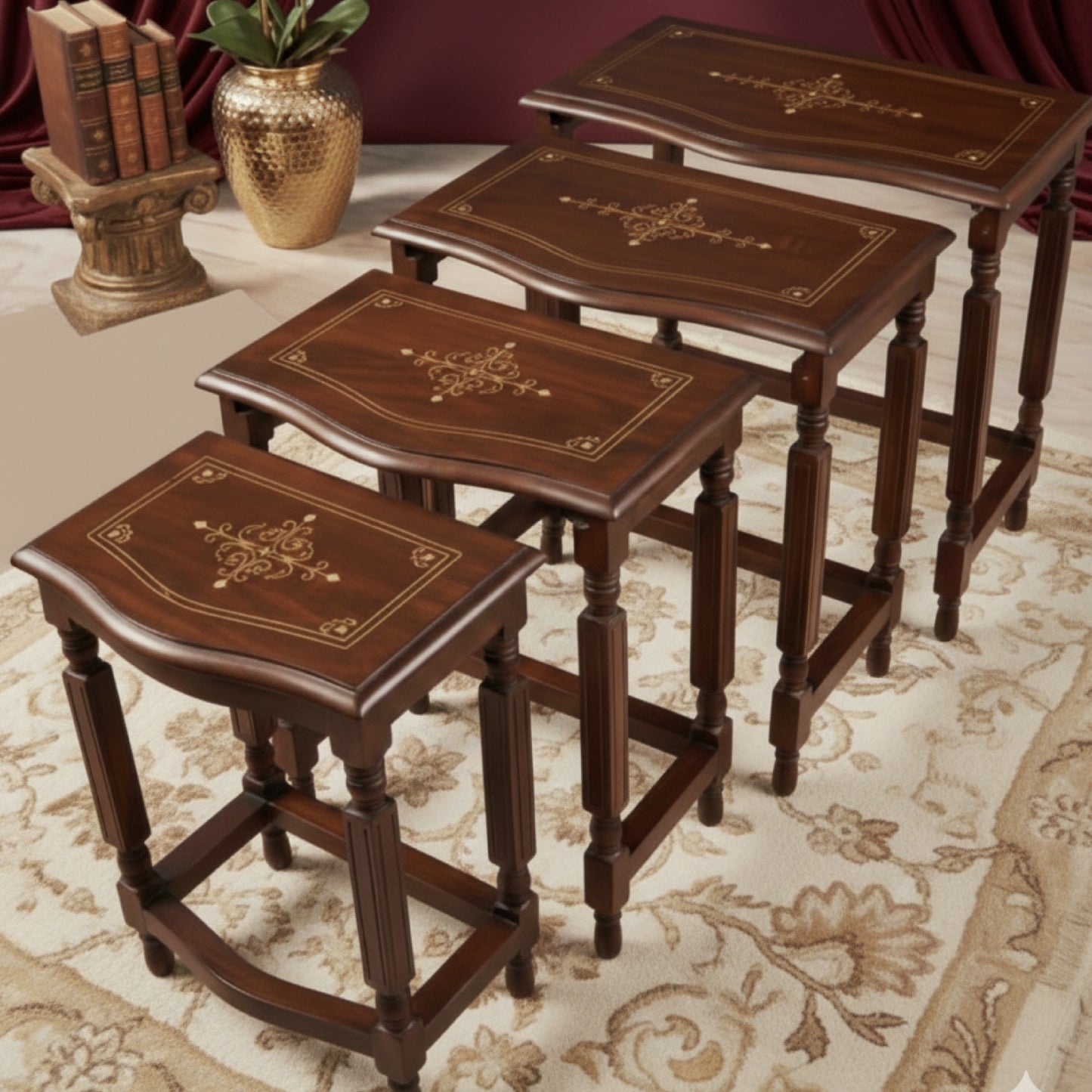 The Curve Elegance: Solid Sheesham Wood Nesting Tables (Set of 4) with Stylish Legs