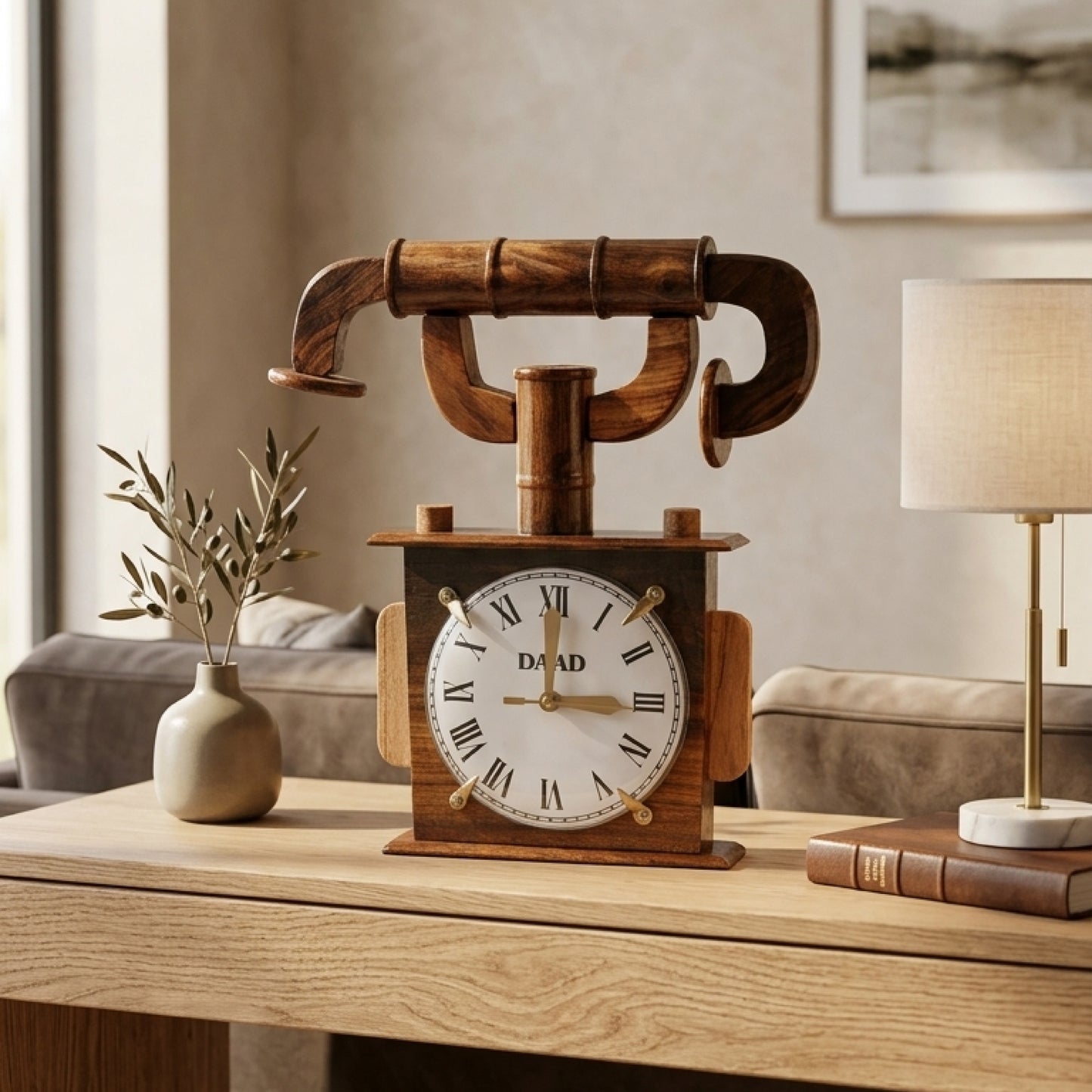 Wooden Vintage Telephone with Built-In Clock