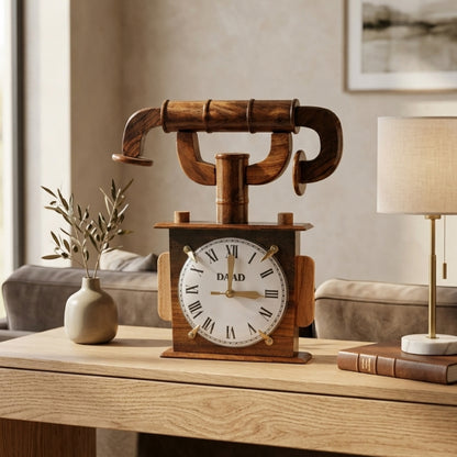 Wooden Vintage Telephone with Built-In Clock