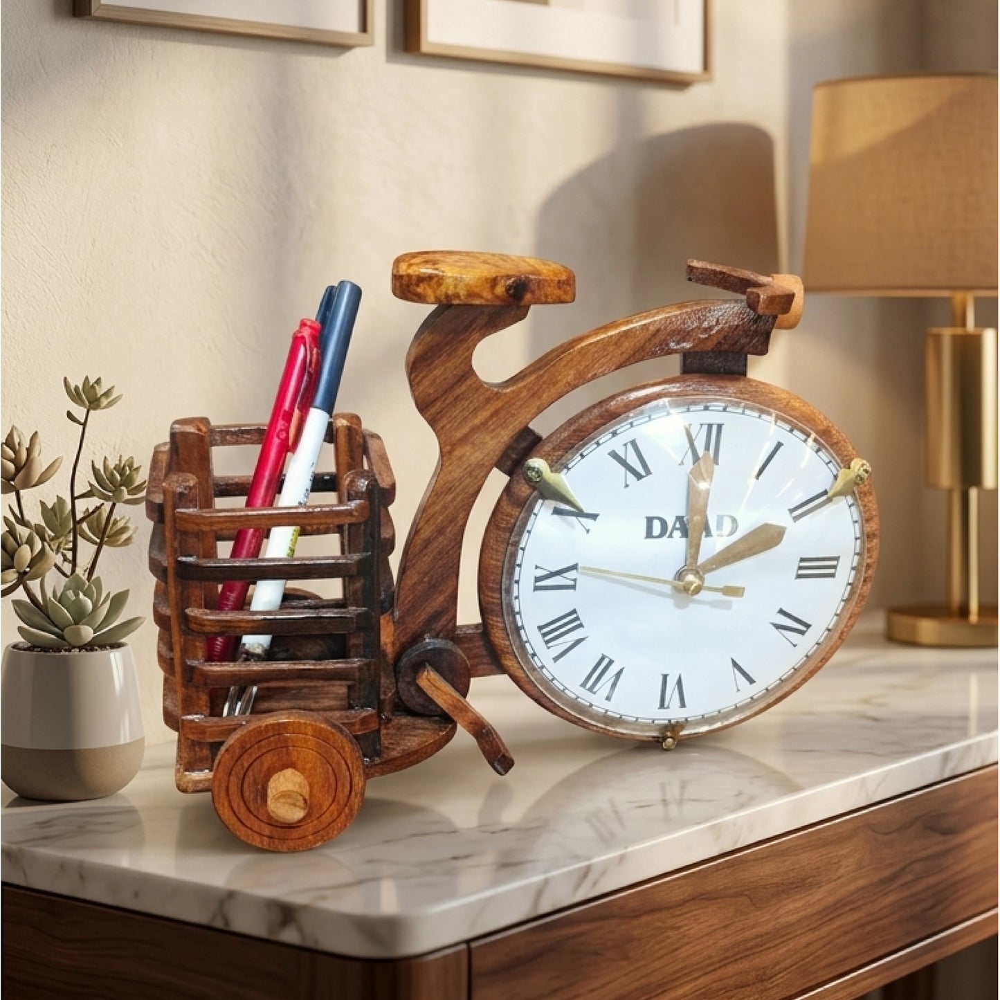 Handcrafted Wooden Pen Holder with Built-In Clock