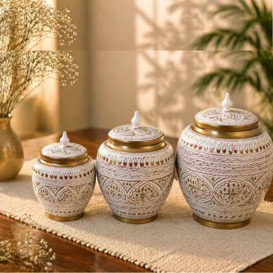 Wooden Candy Jars Set of 3 With Art Work( 4.5.6 Belly size) inches Height 6,8,10 Inches