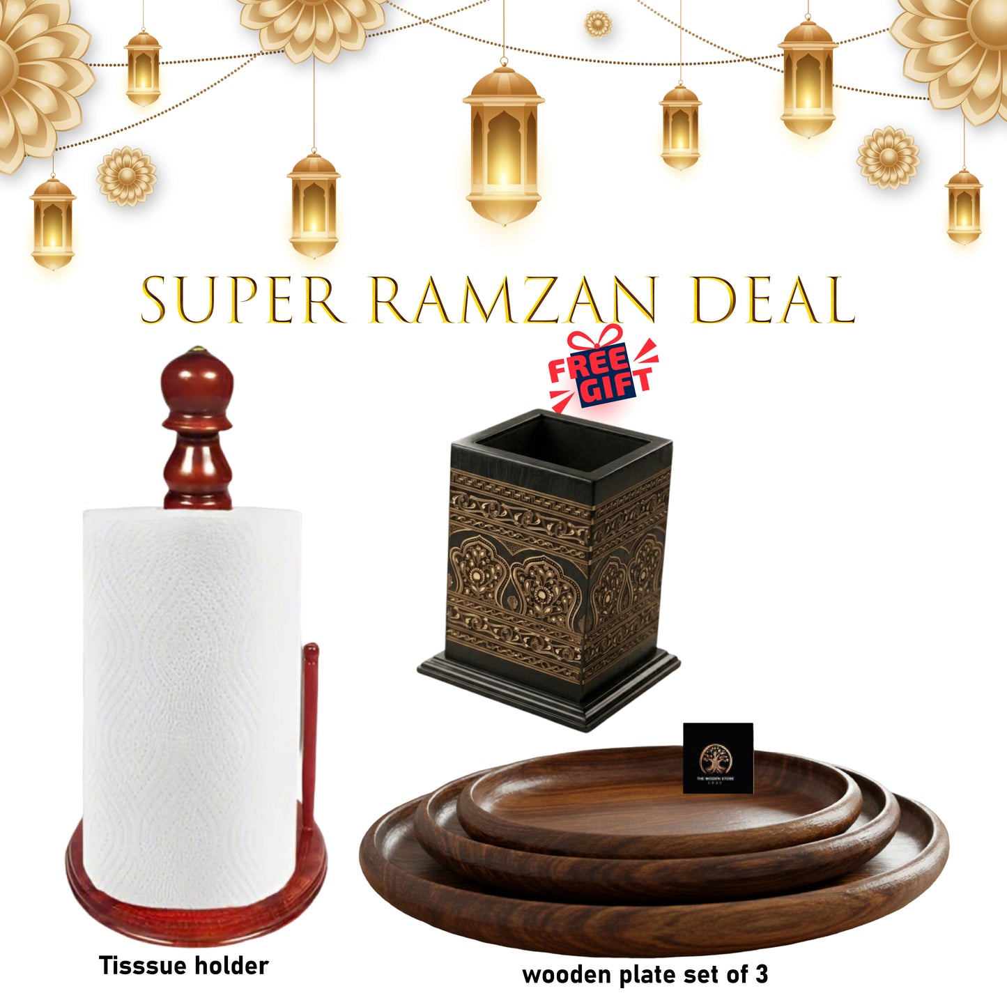 Ramzan Deal Combo( wooden plates set of 3, Tissue Holder and Free Gift)