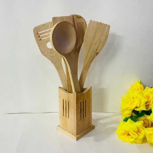 Wooden Cooking Spatulas With Pot Set of 6