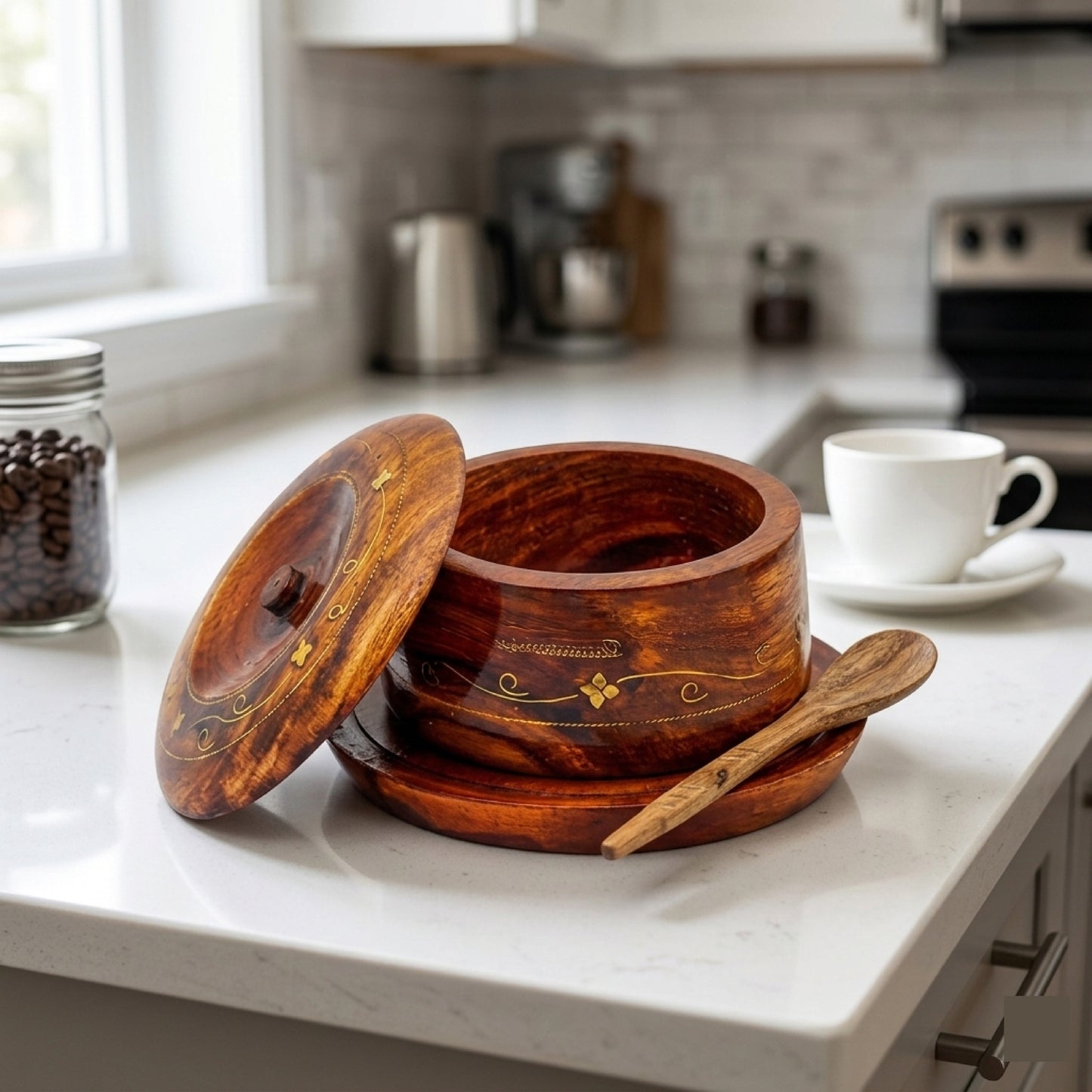 Wooden Sugar Pot Pure Sheeesham With Brass work