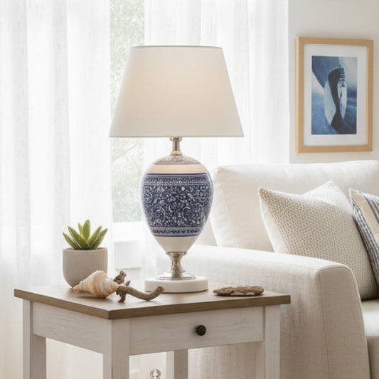 Wooden Lamp With Blue Potry Artwork