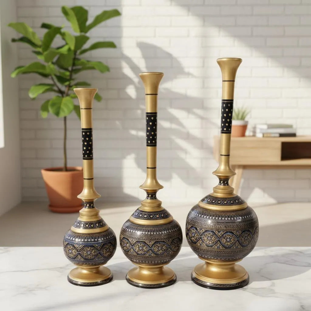 Luxury Handmade Wooden Naqshi Art Vase Set – 3-Piece Royal Home Décor Collection