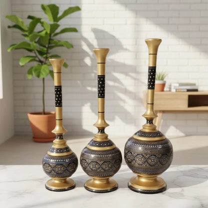 Luxury Handmade Wooden Naqshi Art Vase Set – 3-Piece Royal Home Décor Collection