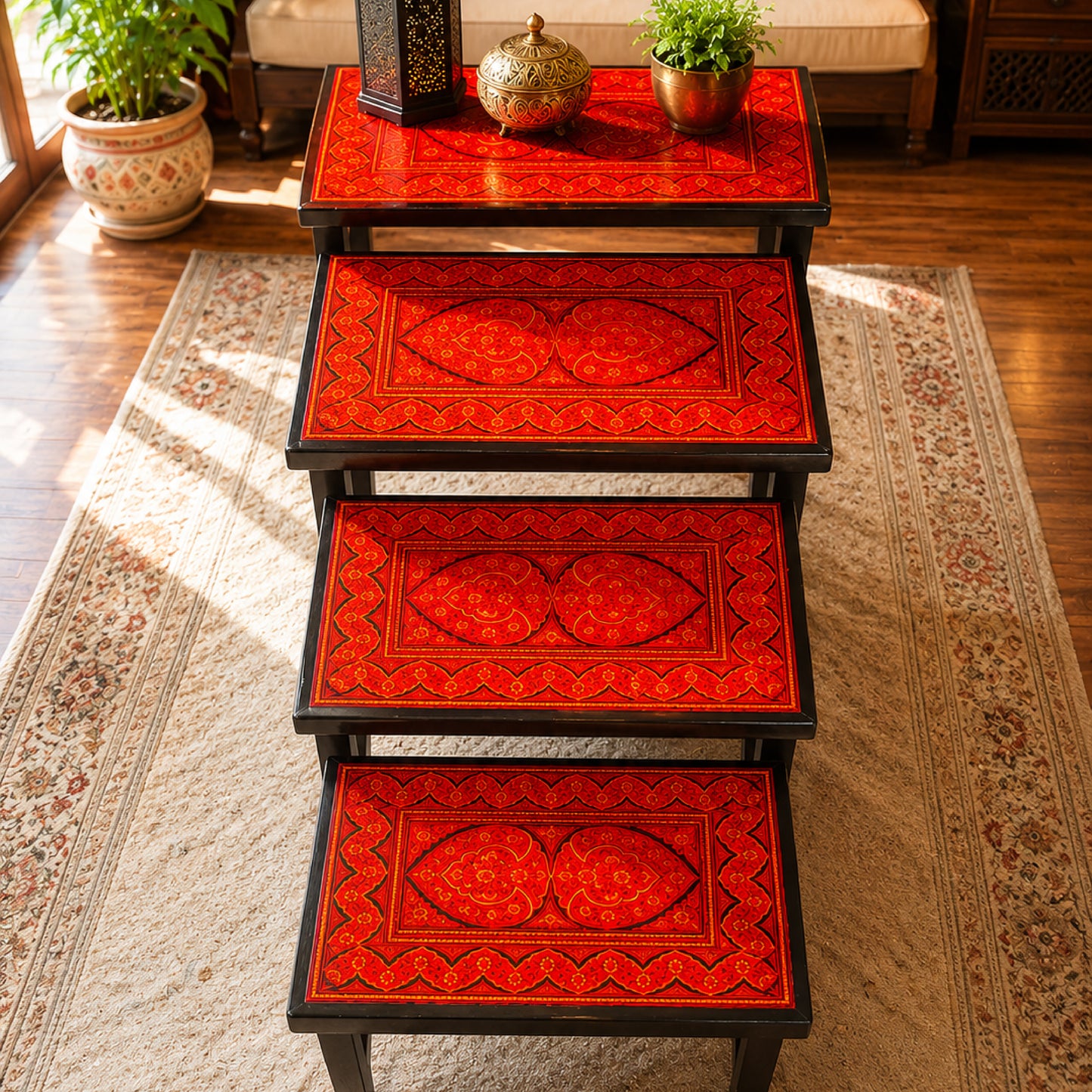❤️ Introducing the Exclusive Red Naqshi Art 4-Piece Nesting Table Set ✨
