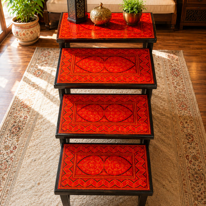 ❤️ Introducing the Exclusive Red Naqshi Art 4-Piece Nesting Table Set ✨