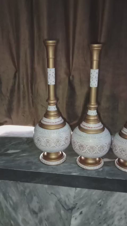 Wooden handmade Naqshi Art Vase Set of 3 white and Blue & black Design in 3 Sizes antique(20*22*24) Inches ( can buy 1 piece also)for Decor