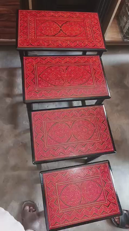 ❤️ Introducing the Exclusive Red Naqshi Art 4-Piece Nesting Table Set ✨