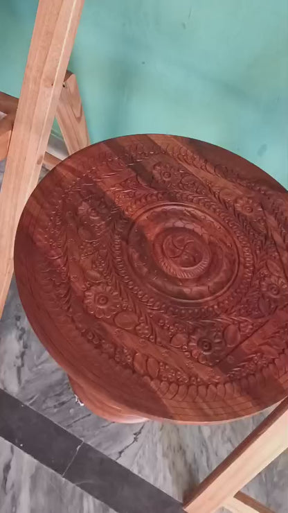 Wooden Coffee Table with Carving Art (18 Inches Top 20 Inches Hieght)  inches