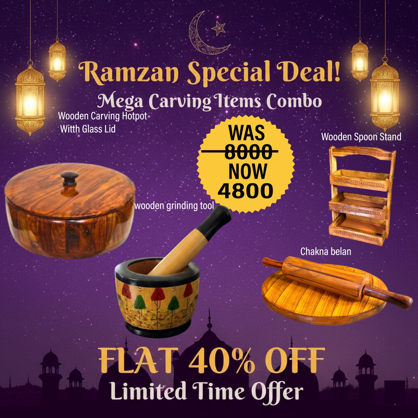 🌙 Ramadan Cooking Essential Combo – 4 in 1 Wooden Deal