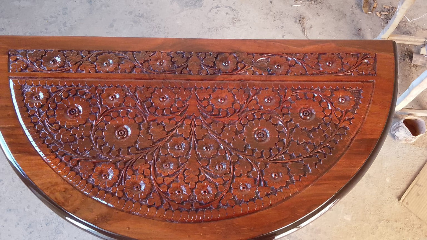 The Royal Carved Vanity: Solid Sheesham Wood Dressing Console with Brass Inlay(Without Mirror)
