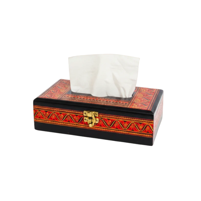 Handcrafted Wooden Tissue Box – Naqshi Art With Lock – Dark Red & Black – 6x11 inch