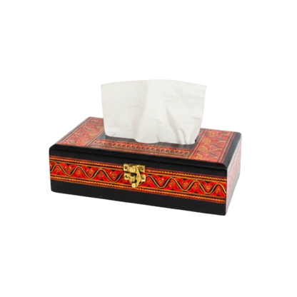 Handcrafted Wooden Tissue Box – Naqshi Art With Lock – Dark Red & Black – 6x11 inch