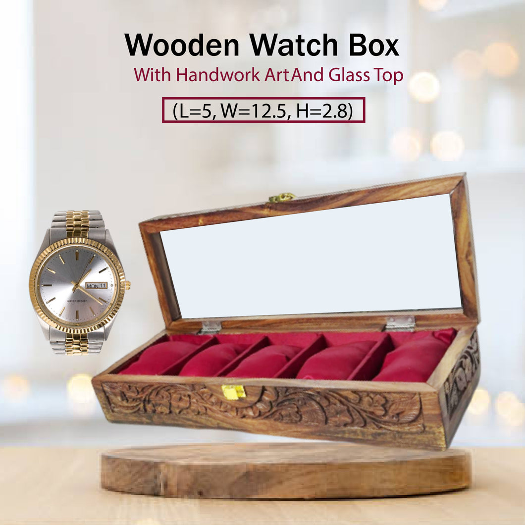 Wooden Watch Box With Handwork Art And Glass Top